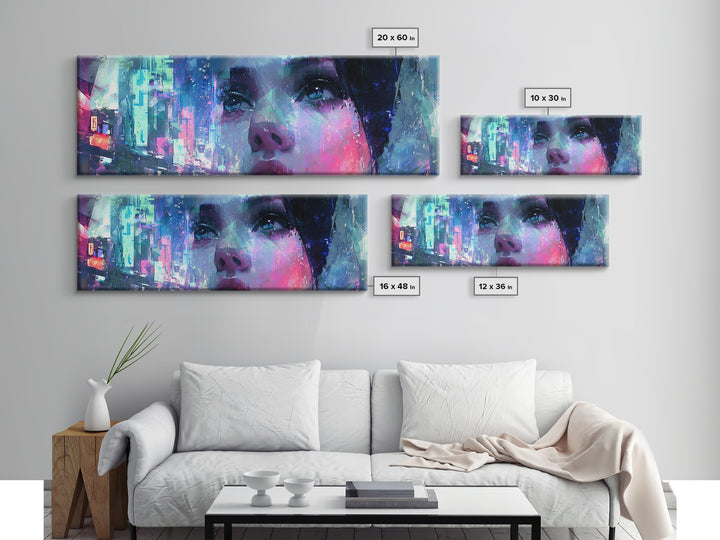 Ai Mask Portrait Framed Canvas Print, Cyberpunk Art, Luxury Decor, Living Room Decor, Fine Art, Neon, Printable Wall Art, CYB-3x1-64