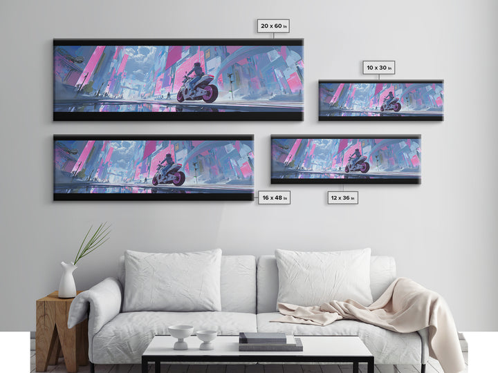 Motorcycle Rider under Holographic Signs Framed Canvas Print, Cyberpunk Art, Home Decor, Living Room Decor, Fine Art, Neon, CYB-3x1-68