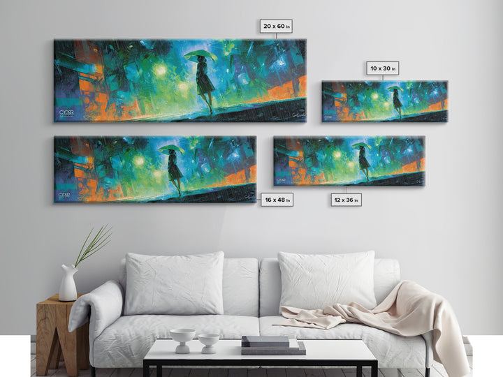 Glowing Umbrella Figure Framed Canvas Print, Cyberpunk Art, Statement Artwork, Living Room Decor, Fine Art, Neon, Art Print, CYB-3x1-7