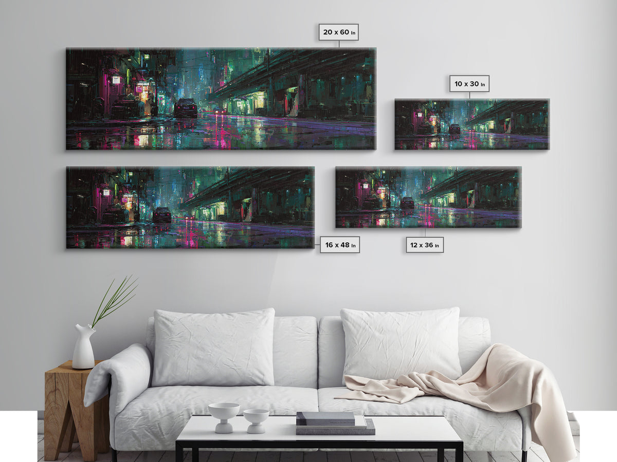 Rain Soaked Alley Framed Canvas Print, Cyberpunk Art, Poster, Living Room Decor, Fine Art, Neon, Modern Wall Art, Japanese Art, CYB-3x1-72