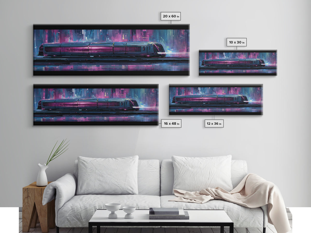 City Train Rushing Through Pink Electric Haze Framed Canvas Print, Cyberpunk Art, Minimalist Poster, Living Room Decor, Neon, CYB-3x1-77