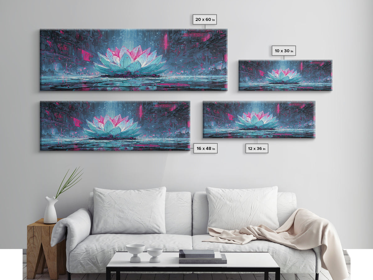 Electric Lotus Flower Framed Canvas Print, Cyberpunk Art, Cyberpunk Tarot, Living Room Decor, Watercolor Art, Neon, CYB-3x1-81