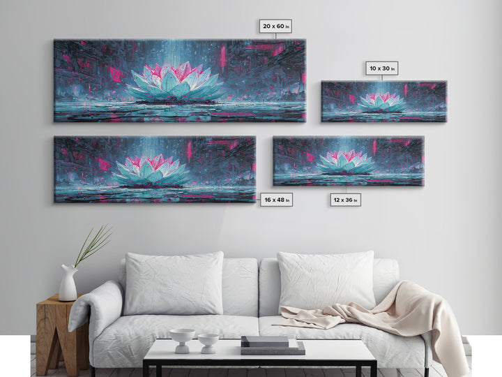 Electric Lotus Flower Framed Canvas Print, Cyberpunk Art, Cyberpunk Tarot, Living Room Decor, Watercolor Art, Neon, CYB-3x1-81