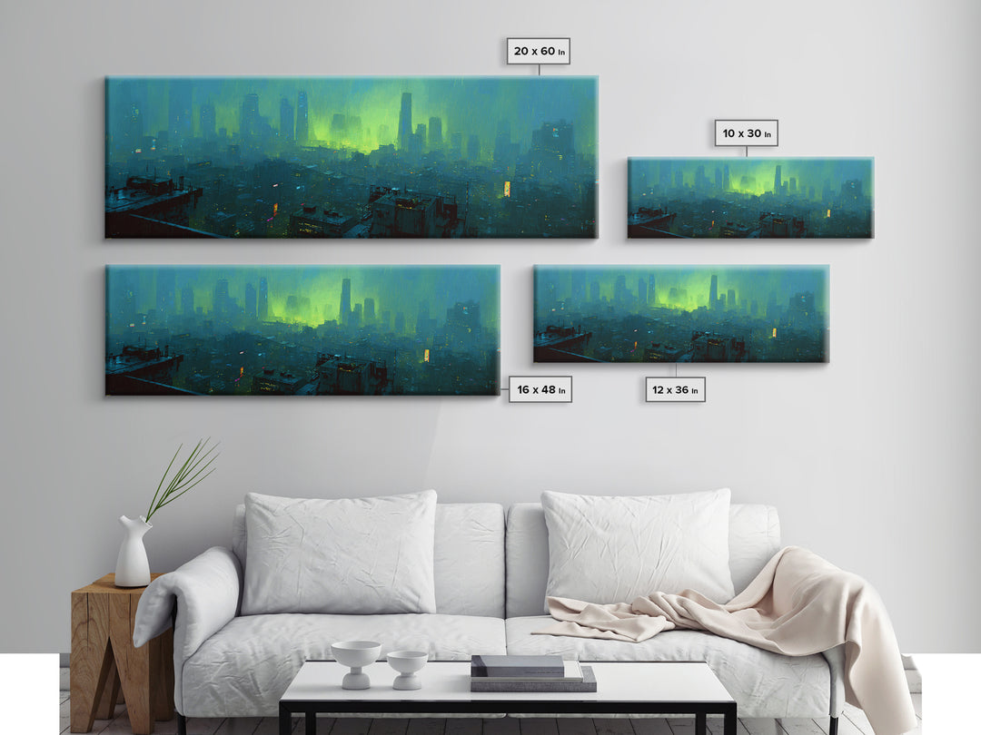 Dystopian Moon over Dense Rooftops Framed Canvas Print, Cyberpunk Art, Blue Wall Art, Living Room Decor, Fine Art, Neon, CYB-3x1-82