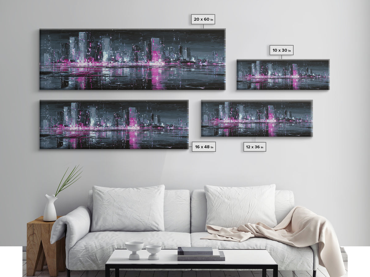 Neon Skyline Reflected Canvas Print, Cyberpunk Art, Japanese Art, Living Room Decor, Abstract Art, Neon, Cyberpunk Tarot, CYB-3x1-86
