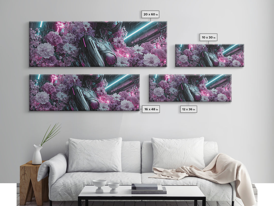 Android Woman with Glowing Circuitry and Flowers Canvas Print, Cyberpunk Art, Digital Art, Living Room Decor, Fine Art, Neon, CYB-3x1-91