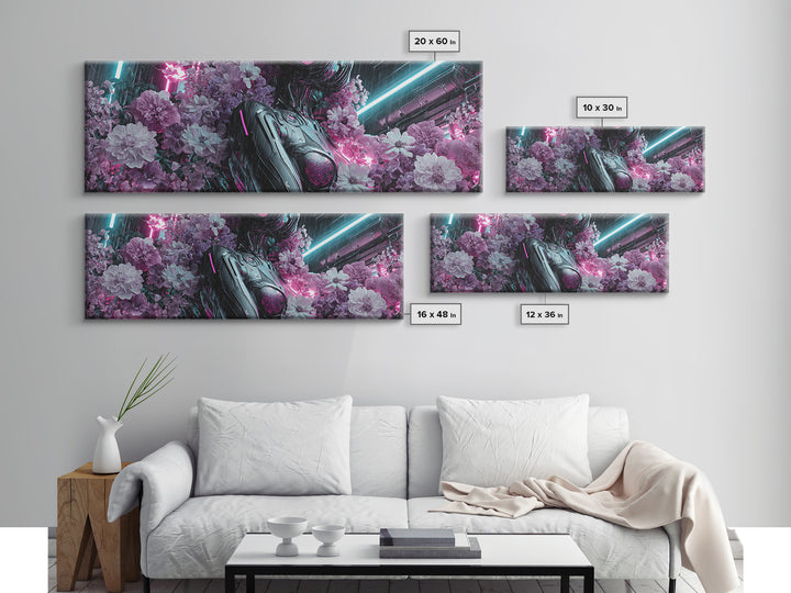 Android Woman with Glowing Circuitry and Flowers Canvas Print, Cyberpunk Art, Digital Art, Living Room Decor, Fine Art, Neon, CYB-3x1-91