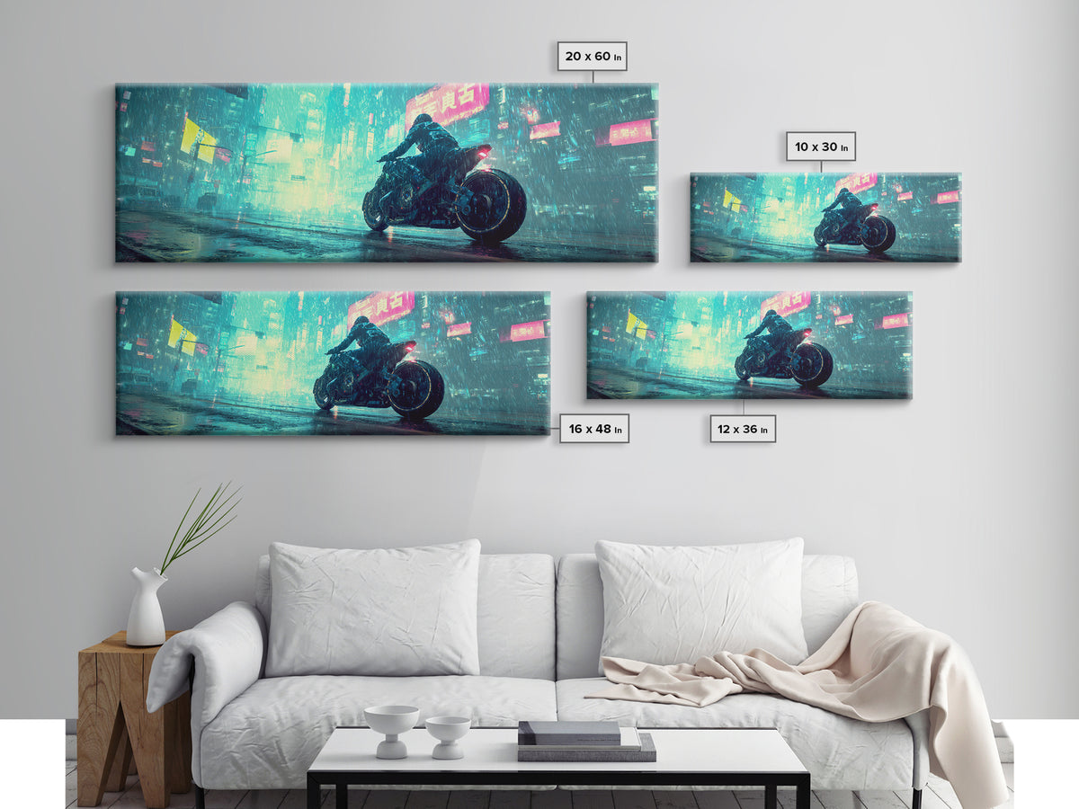 Motorcycle Rider under Holographic Signs Canvas Print, Cyberpunk Art, Printable Wall Art, Living Room Decor, Fine Art, Neon, CYB-3x1-92