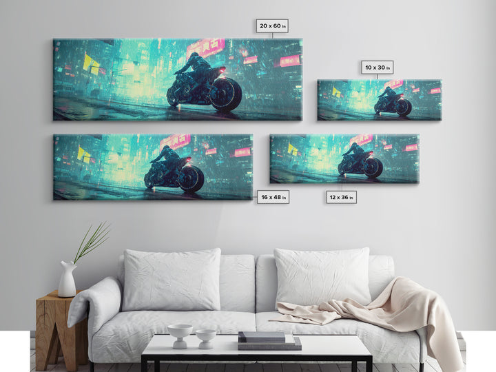 Motorcycle Rider under Holographic Signs Canvas Print, Cyberpunk Art, Printable Wall Art, Living Room Decor, Fine Art, Neon, CYB-3x1-92