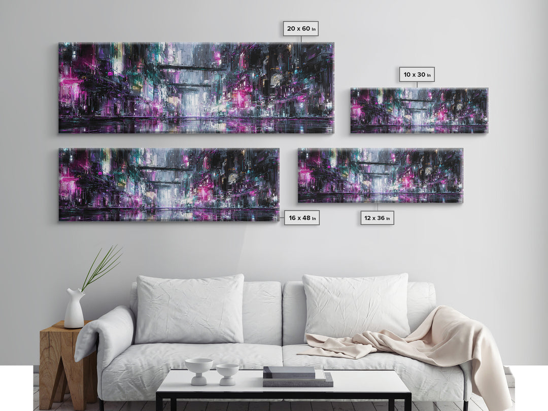 Rain Soaked Alley Canvas Print, Cyberpunk Art, Textured Painting, Living Room Decor, Abstract Art, Neon, Digital Wall Art, CYB-3x1-96