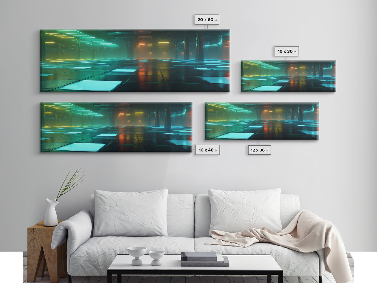 Retro Arcade Dystopia Canvas Print, Cyberpunk Art, Minimalist Poster, Living Room Decor, Fine Art, Neon, Textured Painting, CYB-3x1-98