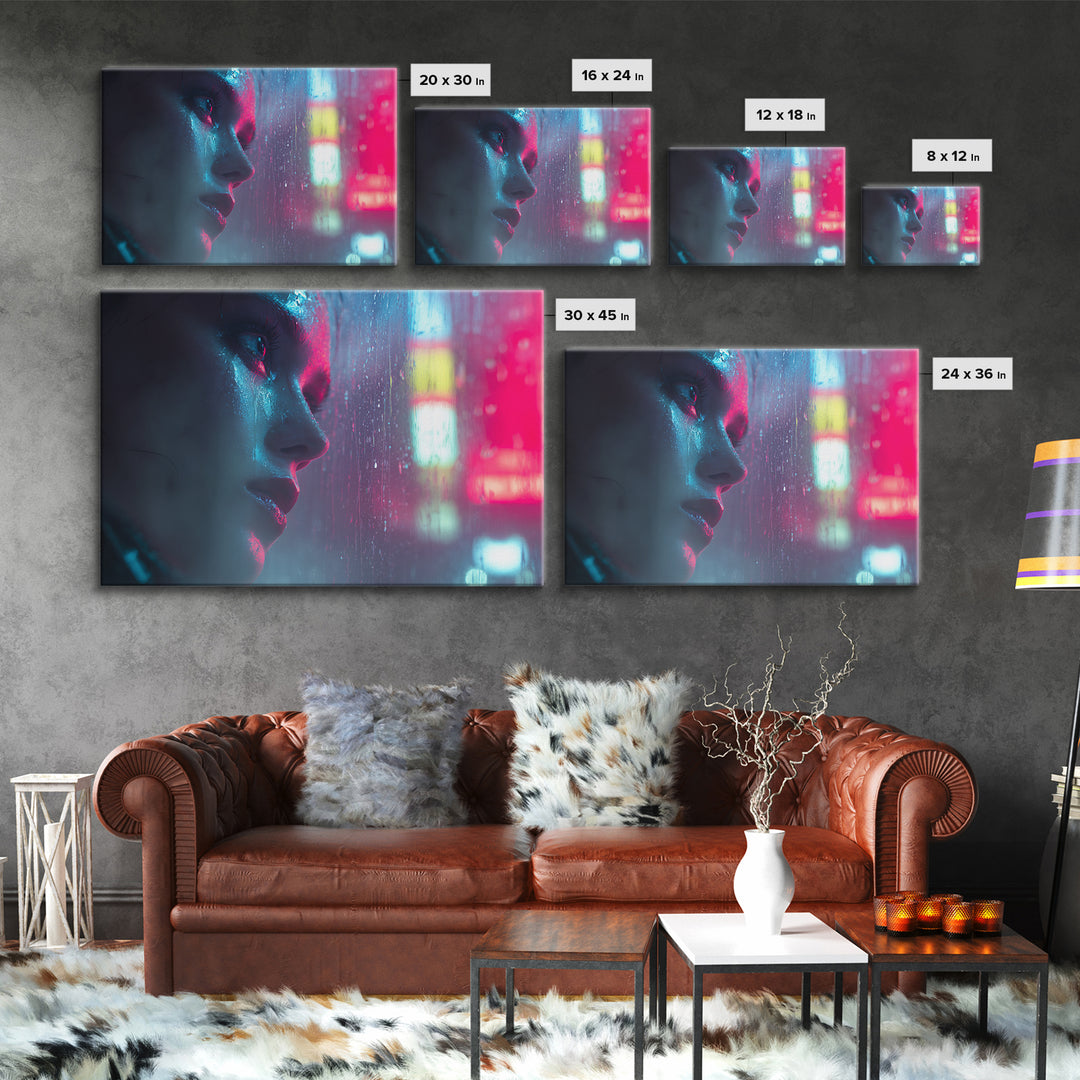 Ai Mask Portrait Framed Canvas Print, Cyberpunk Art, Wall Art, Living Room Decor, Oil Painting, Neon, Abstract Art, CYB-3x2-100