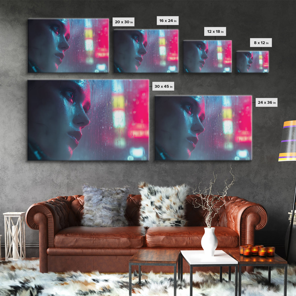 Ai Mask Portrait Framed Canvas Print, Cyberpunk Art, Wall Art, Living Room Decor, Oil Painting, Neon, Abstract Art, CYB-3x2-100