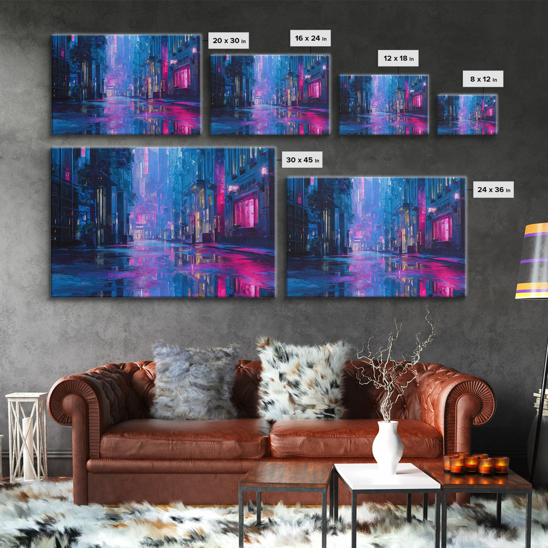 Rain Soaked Alley Canvas Print, Cyberpunk Art, Digital Art Print, Living Room Decor, Fine Art, Neon, Statement Artwork, CYB-3x2-12