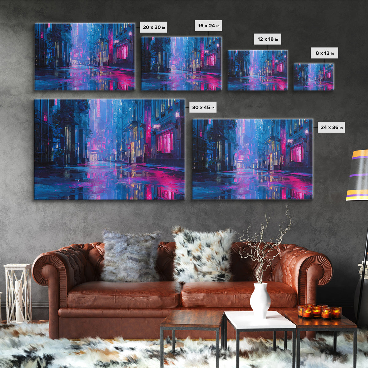 Rain Soaked Alley Canvas Print, Cyberpunk Art, Digital Art Print, Living Room Decor, Fine Art, Neon, Statement Artwork, CYB-3x2-12