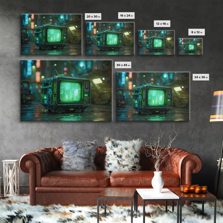 Retro Arcade Dystopia Framed Canvas Print, Cyberpunk Art, Abstract Art, Living Room Decor, Fine Art, Neon, Urban Wall Art, CYB-3x2-14