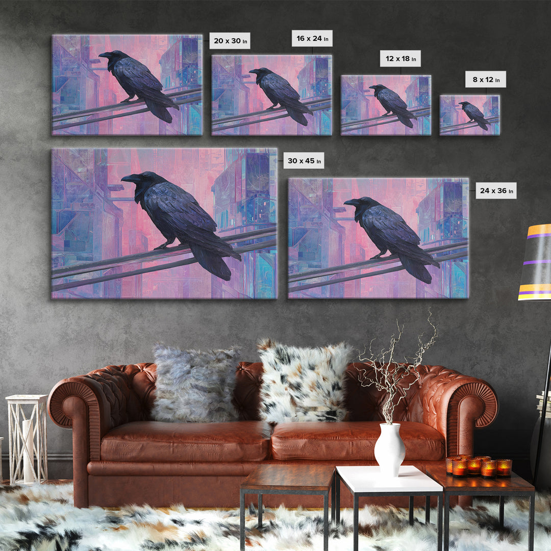 Cybernetic Raven Perched on a Cable Framed Canvas Print, Cyberpunk Art, Digital Download Art, Living Room Decor, Fine Art, Neon, CYB-3x2-15