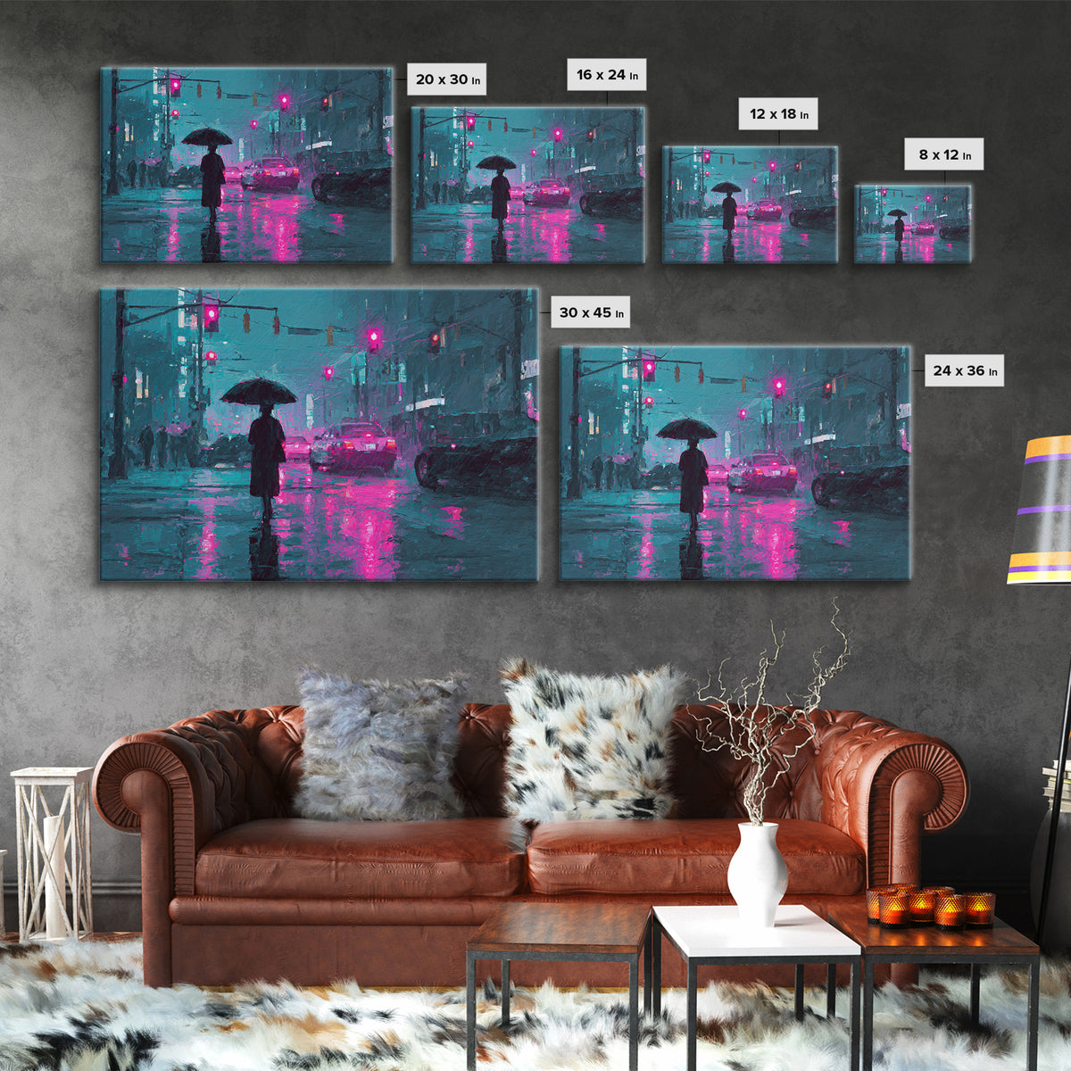 Glowing Umbrella Figure Framed Canvas Print, Cyberpunk Art, Statement Artwork, Living Room Decor, Fine Art, Neon, Art Print, CYB-3x2-19