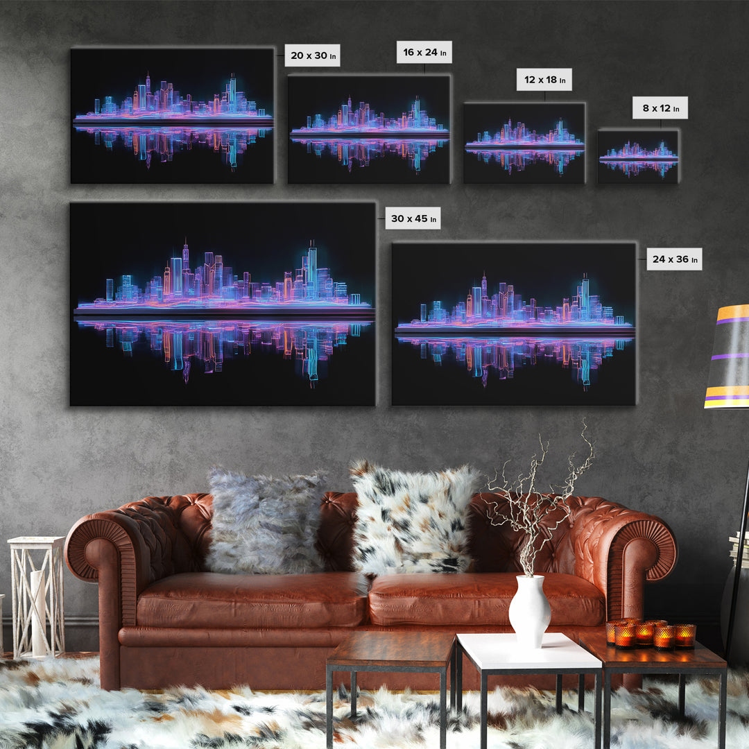 Neon Skyline Reflected Framed Canvas Print, Cyberpunk Art, Gothic Decor, Living Room Decor, Abstract Art, Neon, CYB-3x2-2