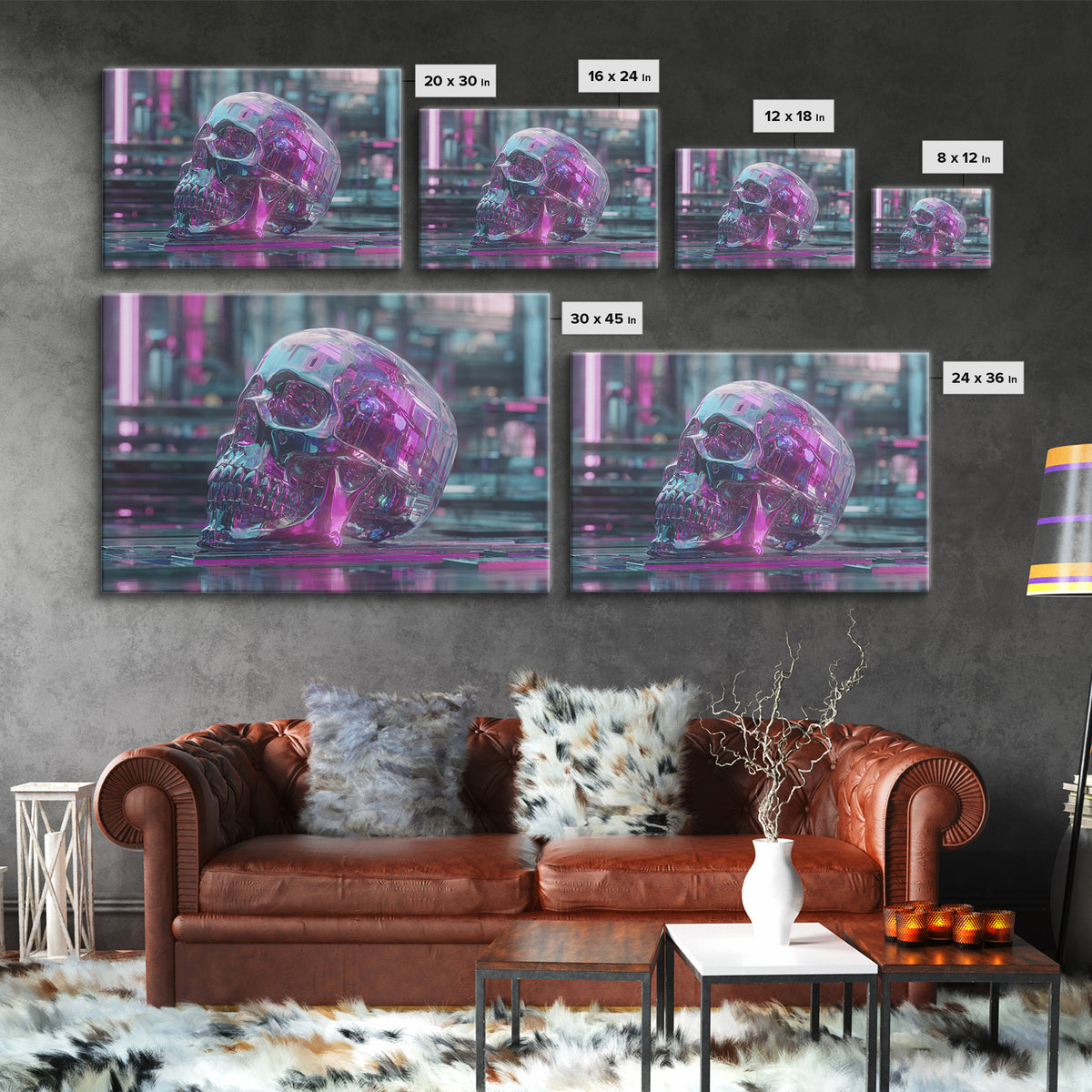 Cyberpunk Skull with Chrome and Violet Light Framed Canvas Print, Cyberpunk Art, Urban Wall Art, Living Room Decor, Neon, CYB-3x2-24
