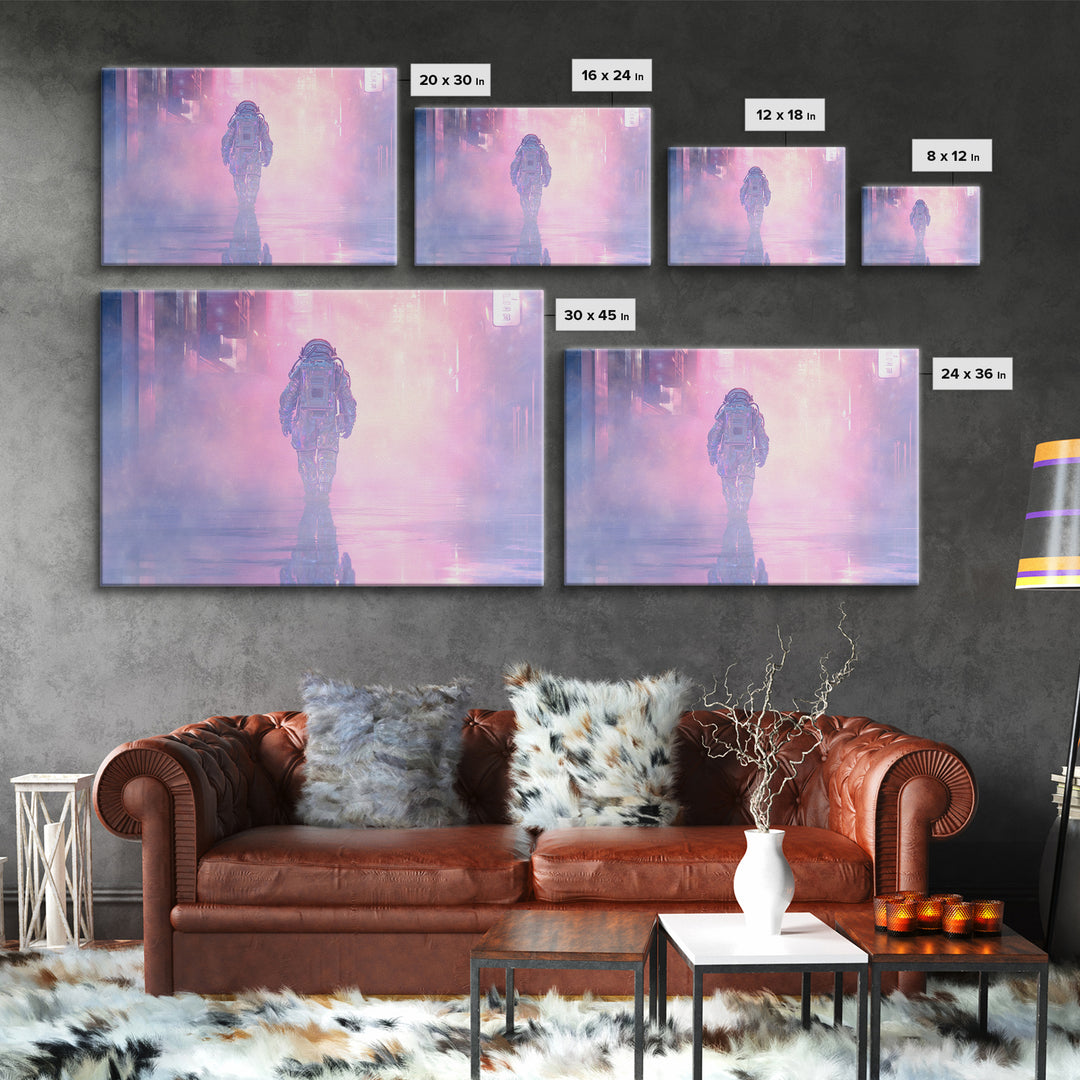 Astronaut Street Wanderer Framed Canvas Print, Cyberpunk Art, Gallery Decor, Living Room Decor, Fine Art, Neon, Wall Art, CYB-3x2-27