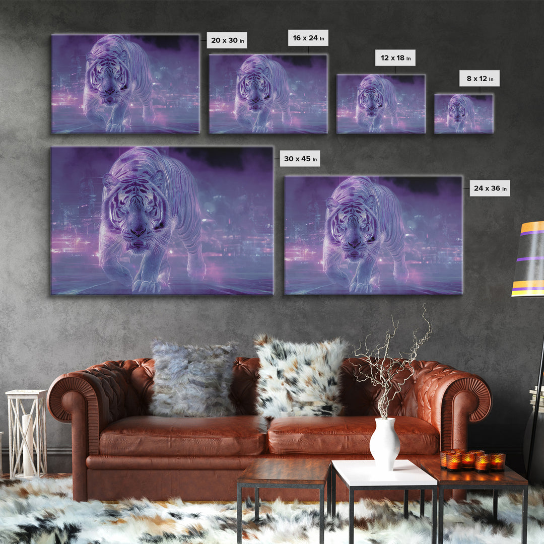 Neon Tiger Emerging from Digital Fog Canvas Print, Cyberpunk Art, Fantasy Art, Living Room Decor, Oil Painting, Neon, CYB-3x2-37