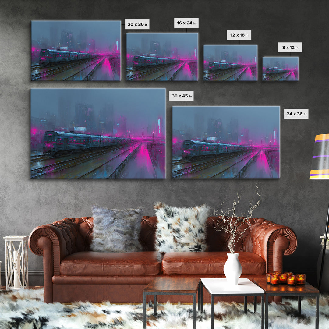 City Train Rushing Through Pink Electric Haze Canvas Print, Cyberpunk Art, Modern Wall Decor, Living Room Decor, Neon, CYB-3x2-41
