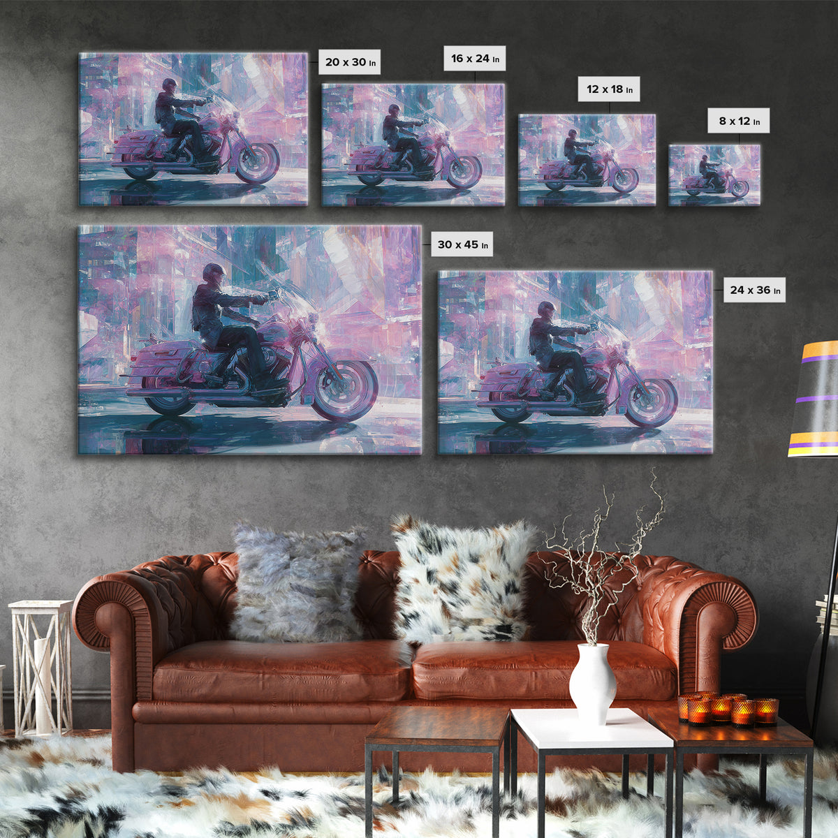 Motorcycle Rider under Holographic Signs Canvas Print, Cyberpunk Art, Room Decor, Living Room Decor, Neon 556, Cyberpunk, CYB-3x2-56