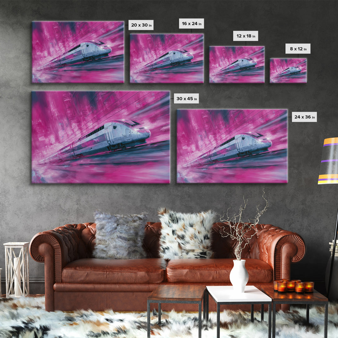 City Train Rushing Through Pink Electric Haze Canvas Print, Cyberpunk Art, Modern Wall Decor, Living Room Decor, Neon, CYB-3x2-65