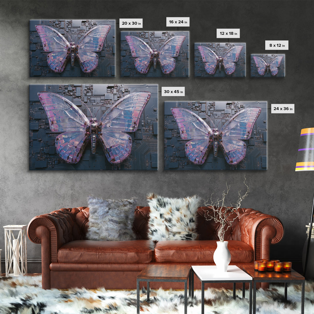 Holographic Butterfly over Black Metal Surface Framed Canvas Print, Cyberpunk Art, Modern Wall Decor, Living Room Decor, Neon, CYB-3x2-71