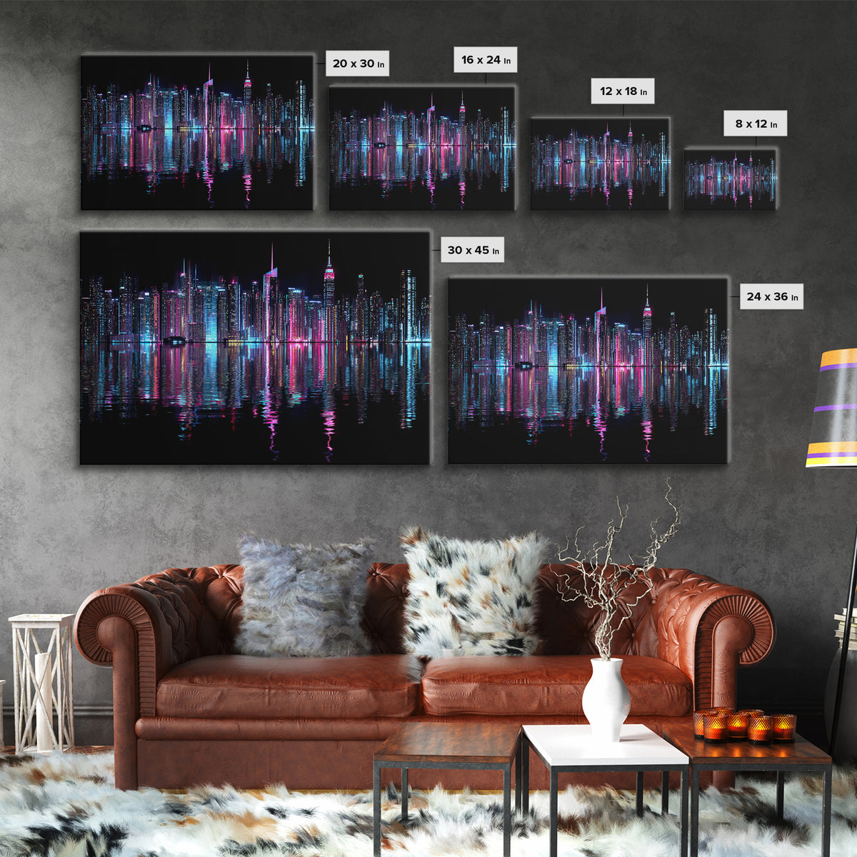 Neon Skyline Reflected Framed Canvas Print, Cyberpunk Art, Man Cave Decor, Living Room Decor, Fine Art, Neon, Fine Art Print, CYB-3x2-74