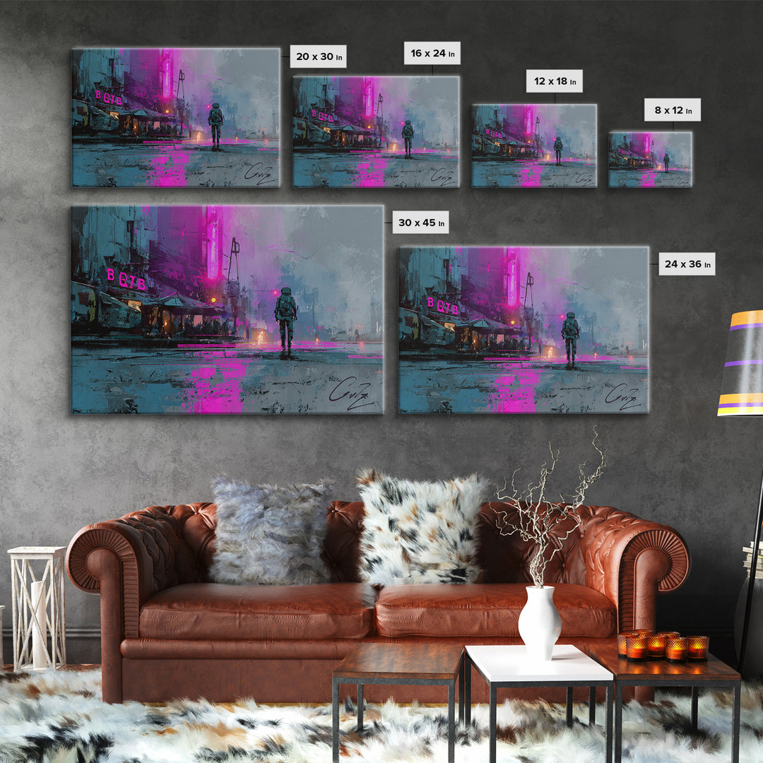 Astronaut Street Wanderer Canvas Print, Cyberpunk Art, Art Print, Living Room Decor, Neon, Blue Wall Art, Cool Wall Art, CYB-3x2-75