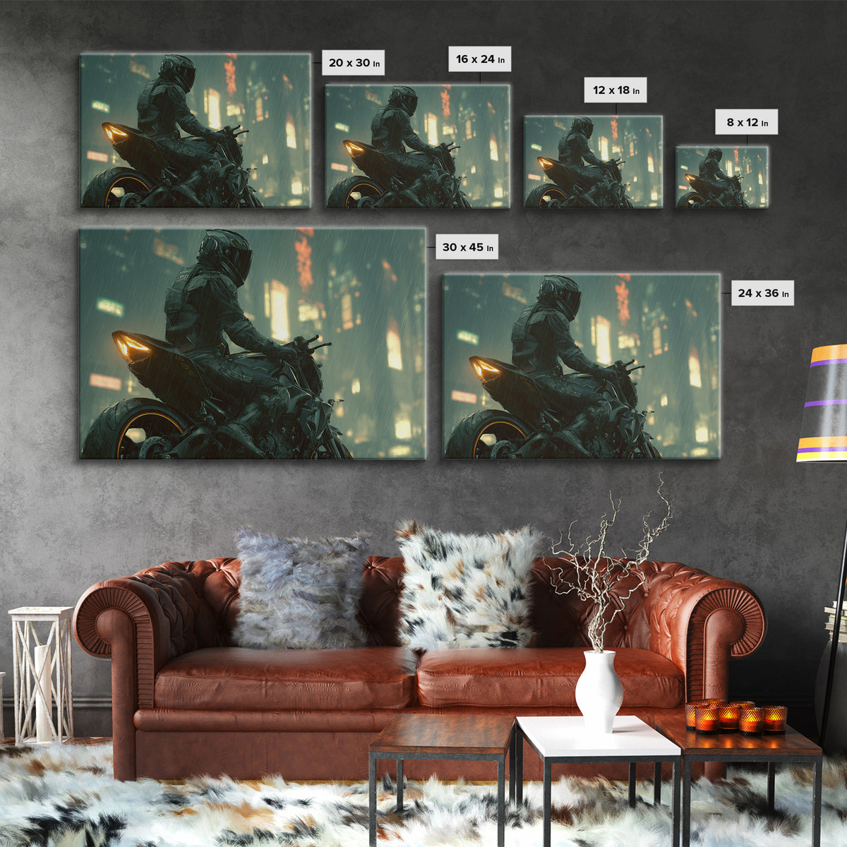 Motorcycle Rider under Holographic Signs Framed Canvas Print, Cyberpunk Art, Home Decor, Living Room Decor, Fine Art, Neon, CYB-3x2-80