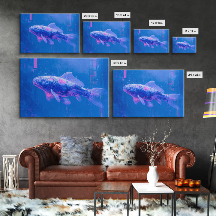 Cyberpunk Koi Swimming Through Electric Blue Water Framed Canvas Print, Cyberpunk Art, Fine Art Print, Living Room Decor, Neon, CYB-3x2-81