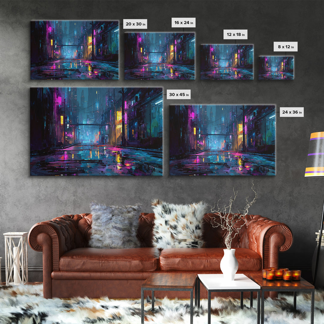 Rain Soaked Alley Canvas Print, Cyberpunk Art, Poster, Living Room Decor, Fine Art, Neon, Modern Wall Art, Japanese Art, CYB-3x2-84