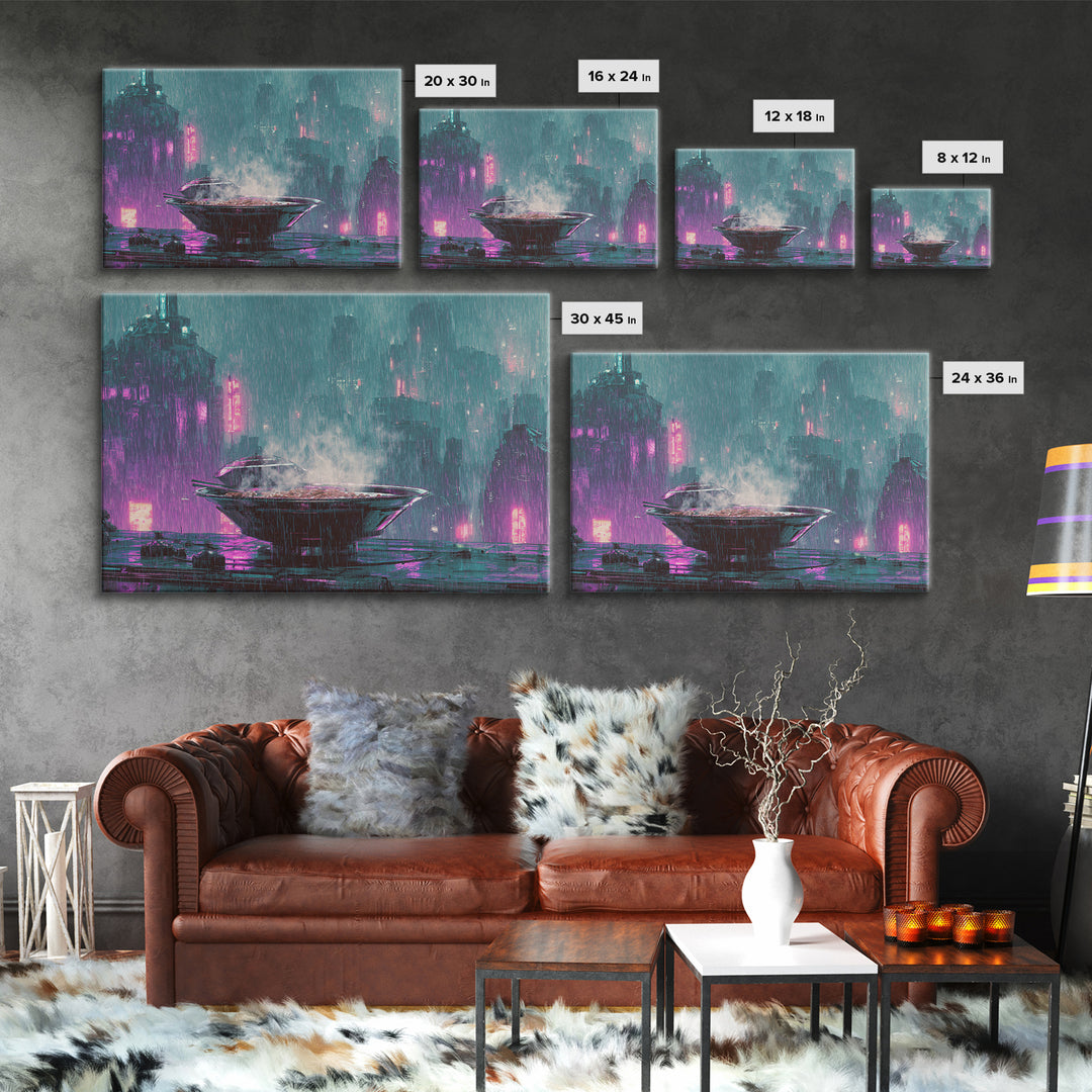 Futuristic Ramen Bowl Canvas Print, Cyberpunk Art, Wall Decor, Living Room Decor, Fine Art, Neon, Japanese Art, Modern Art, CYB-3x2-88