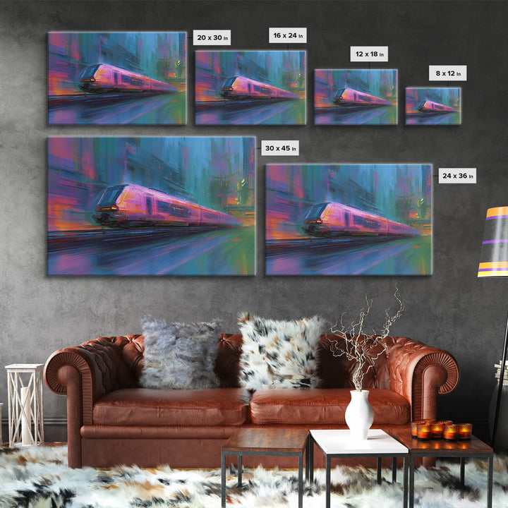 City Train Rushing Through Pink Electric Haze Canvas Print, Cyberpunk Art, Boho Decor, Living Room Decor, Oil Painting, Neon, CYB-3x2-89