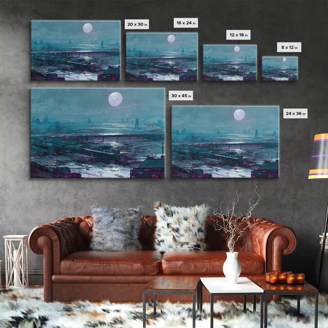 Dystopian Moon over Dense Rooftops Canvas Print, Cyberpunk Art, Cyberpunk Helmet, Living Room Decor, Abstract Art, Neon, CYB-3x2-94