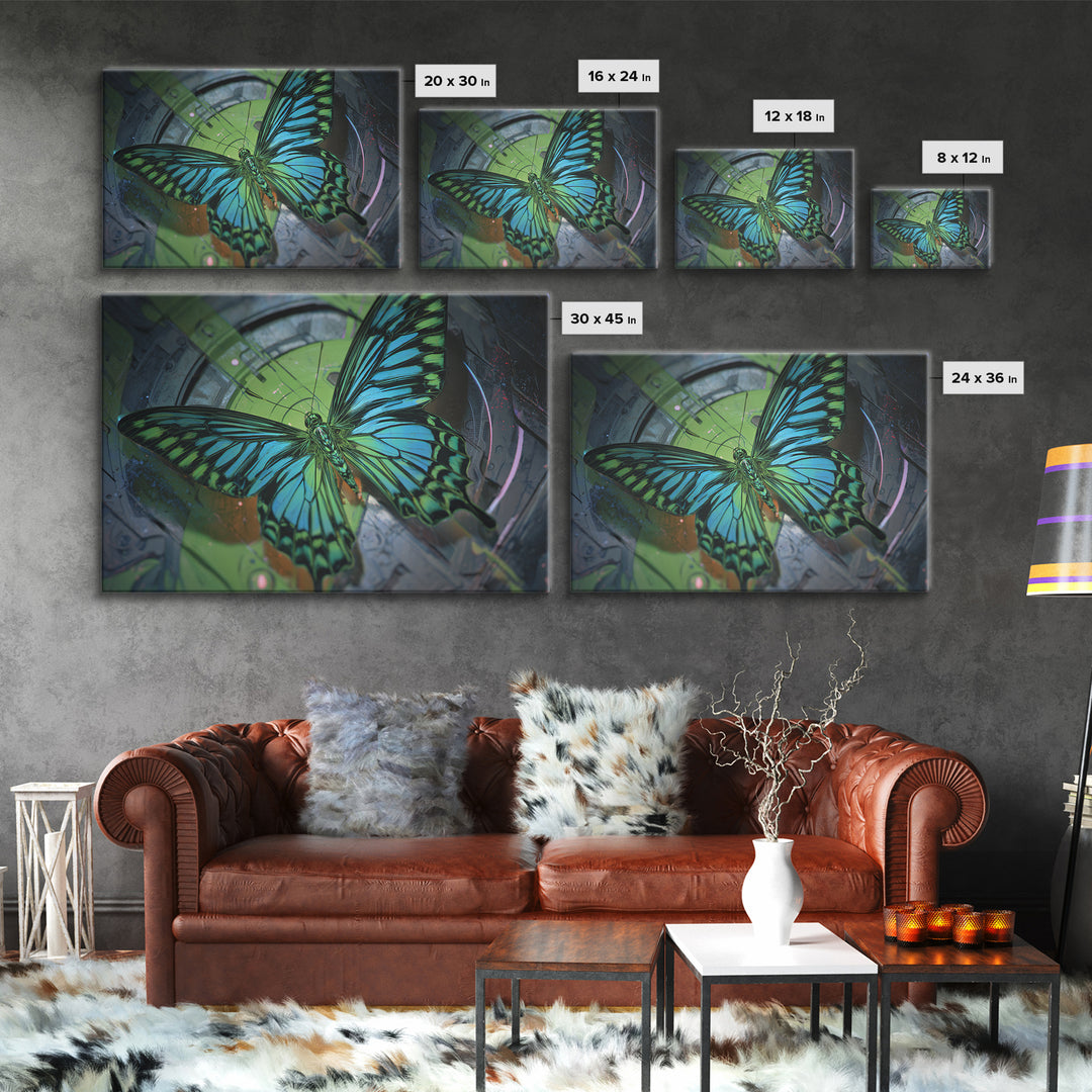 Holographic Butterfly over Black Metal Surface Framed Canvas Print, Cyberpunk Art, Gothic Decor, Living Room Decor, CYB-3x2-95
