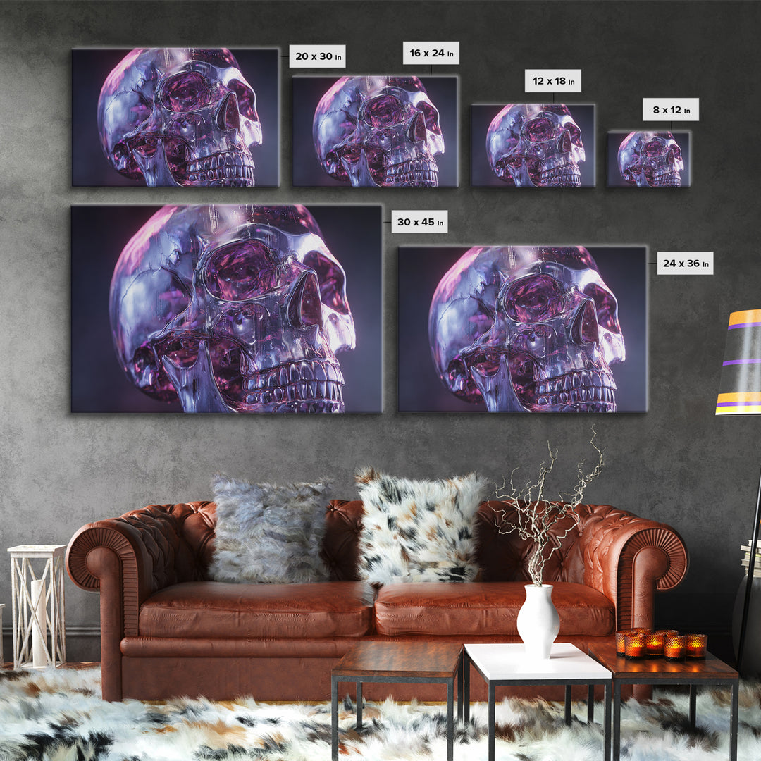 Cyberpunk Skull with Chrome and Violet Light Framed Canvas Print, Cyberpunk Art, Art Print, Living Room Decor, Fine Art, Neon, CYB-3x2-96