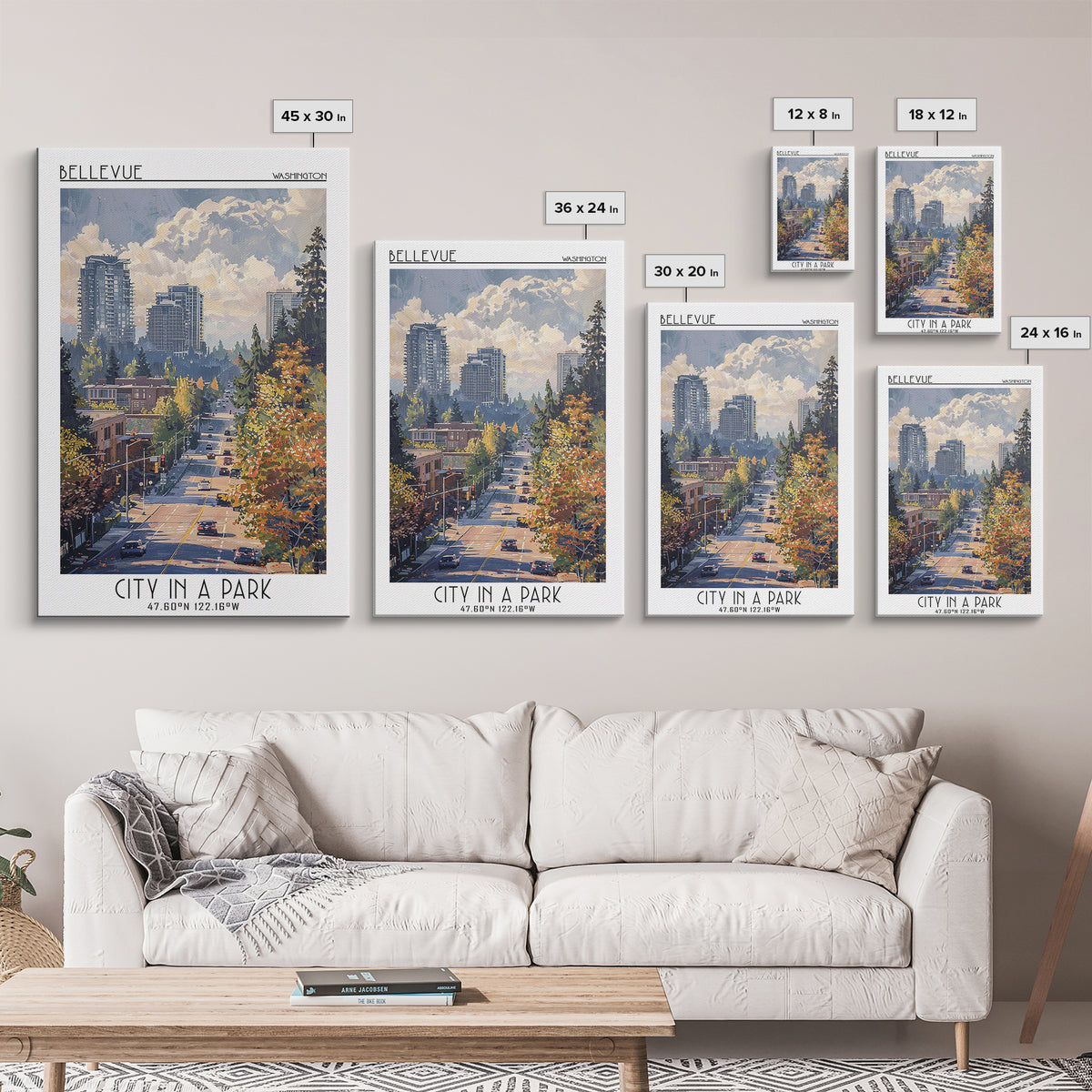 Bellevue Travel Poster, Framed Canvas Print, City Art Print, Travel Wall Art, Vintage Travel, Travel Art Print, Mid Century Wall Art