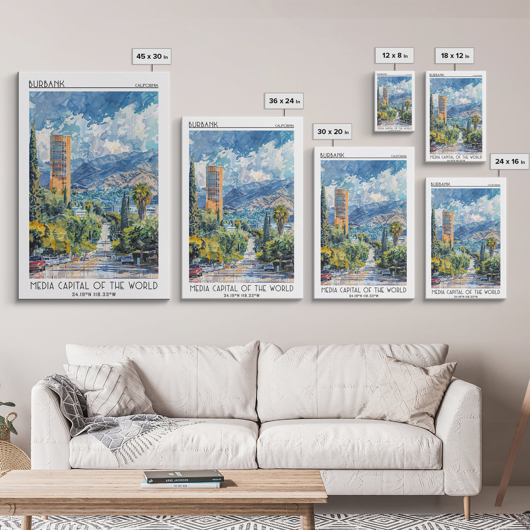 Burbank Travel Poster, Canvas Print, City Art Print, Travel Wall Art, Gallery Wall Set, Wall Art, Travel Print, Mid Century Wall Art