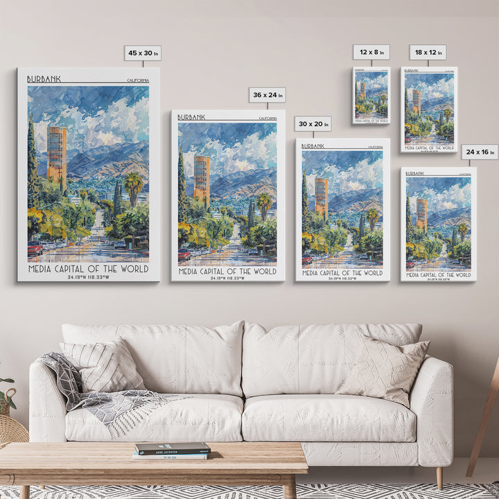 Burbank Travel Poster, Canvas Print, City Art Print, Travel Wall Art, Gallery Wall Set, Wall Art, Travel Print, Mid Century Wall Art