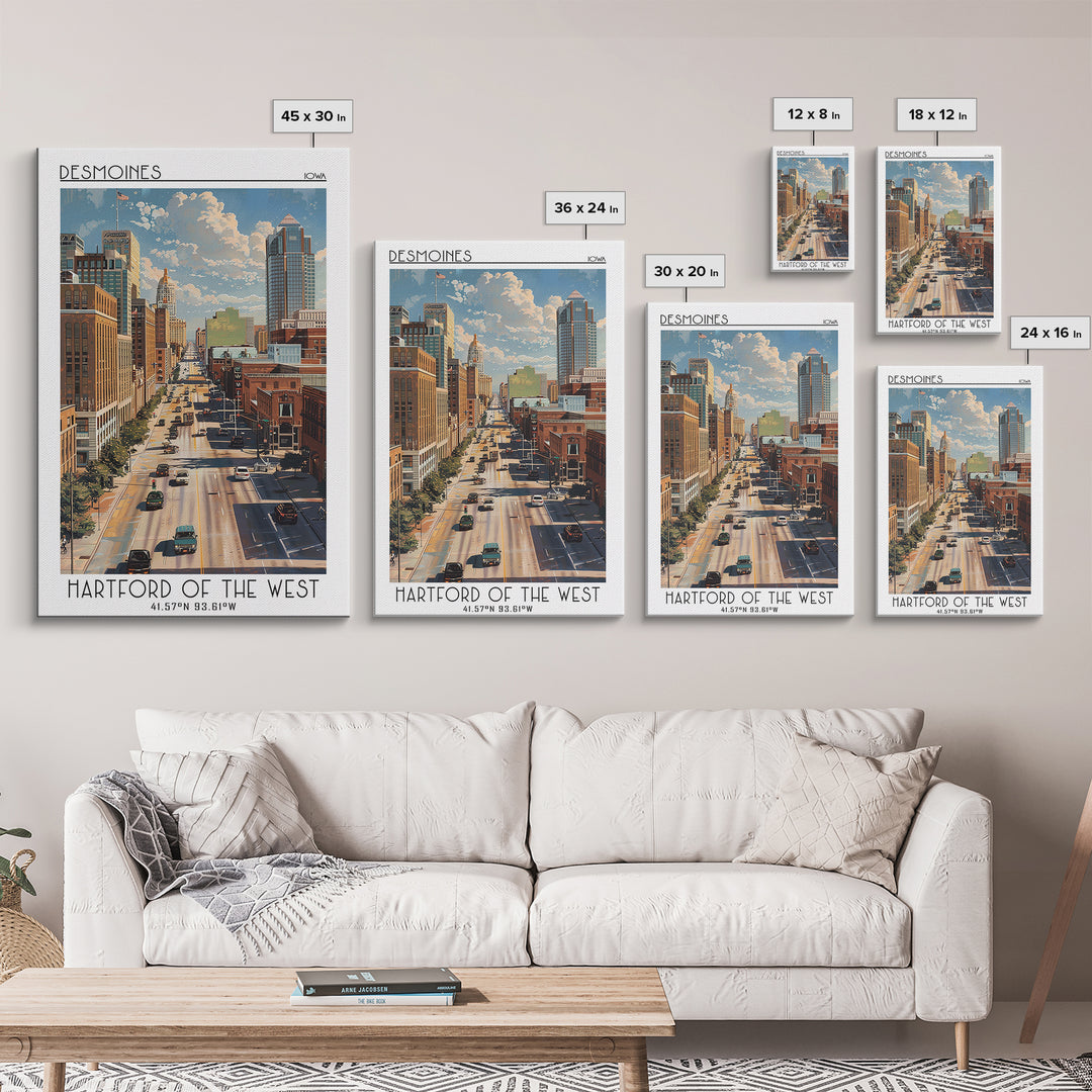 Des Moines Travel Poster, Framed Canvas Print, Travel Wall Decor, Minimalist Poster, Landscape Art, City Illustration, Travel Prints