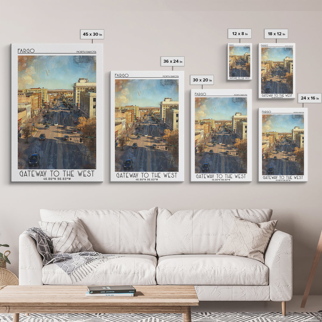 Fargo Travel Poster, Framed Canvas Print, Retro Travel Poster, City Wall Art, Travel Print, City Travel Poster, Watercolor Cityscape