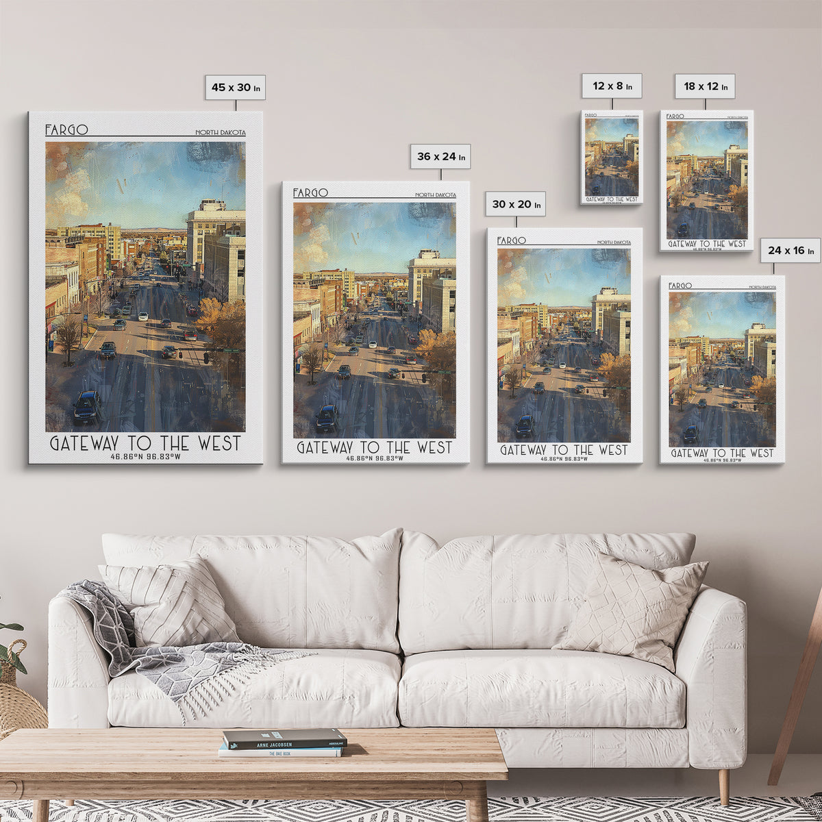 Fargo Travel Poster, Framed Canvas Print, Retro Travel Poster, City Wall Art, Travel Print, City Travel Poster, Watercolor Cityscape