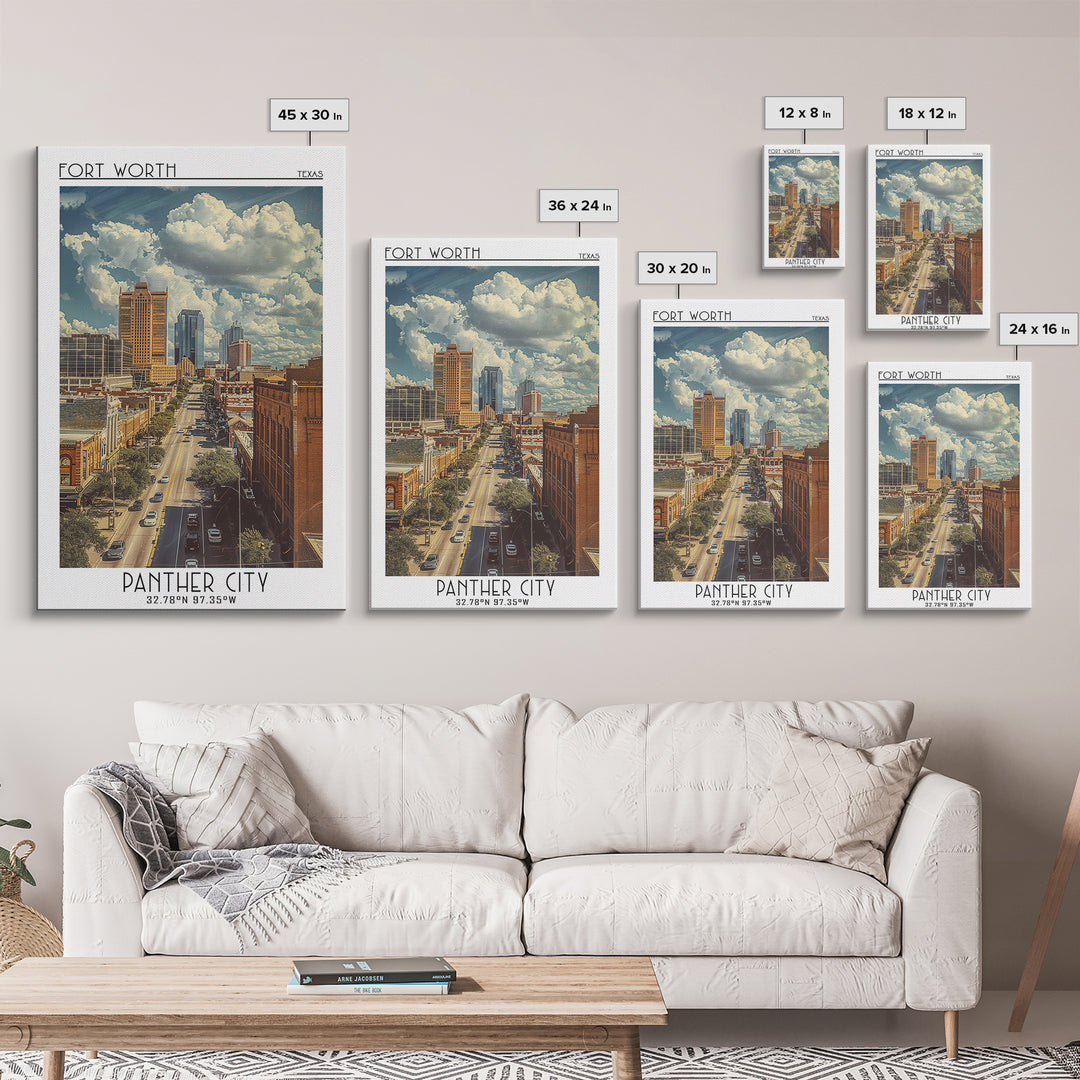 Fort Worth Travel Poster, Framed Canvas Print, Travel Wall Art, City Wall Art, Colorful Wall Art, City Illustration, Wanderlust Gift