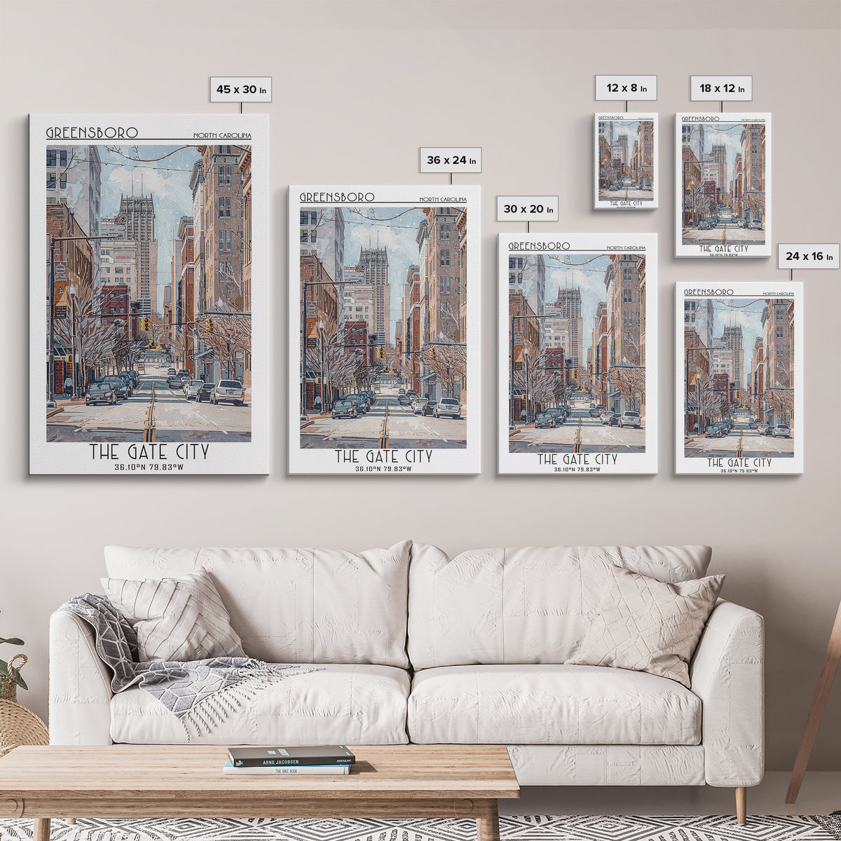 Greensboro Travel Poster, Framed Canvas Print, Retro Wall Art, Travel Print, Vintage Travel, Vintage Travel Print, City Illustration