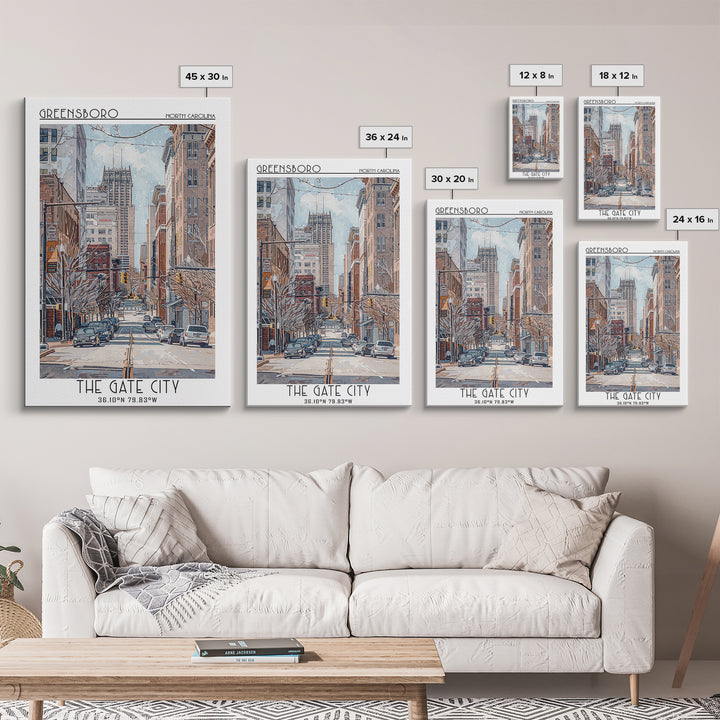 Greensboro Travel Poster, Framed Canvas Print, Retro Wall Art, Travel Print, Vintage Travel, Vintage Travel Print, City Illustration