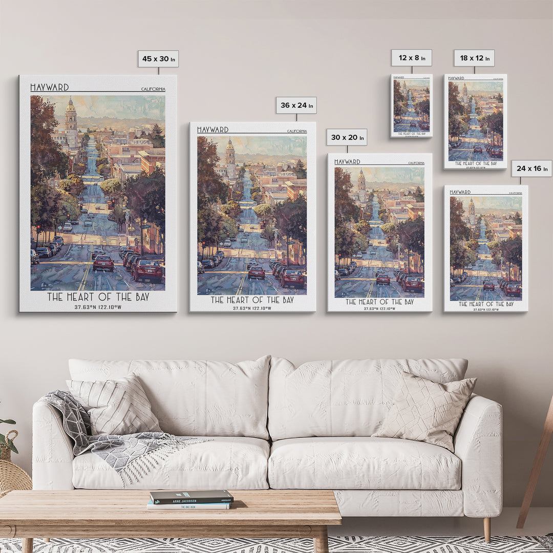 Hayward Travel Poster, Framed Canvas Print, City Travel Poster, Travel Wall Art, Retro Wall Art, Watercolor Cityscape, City Wall Art